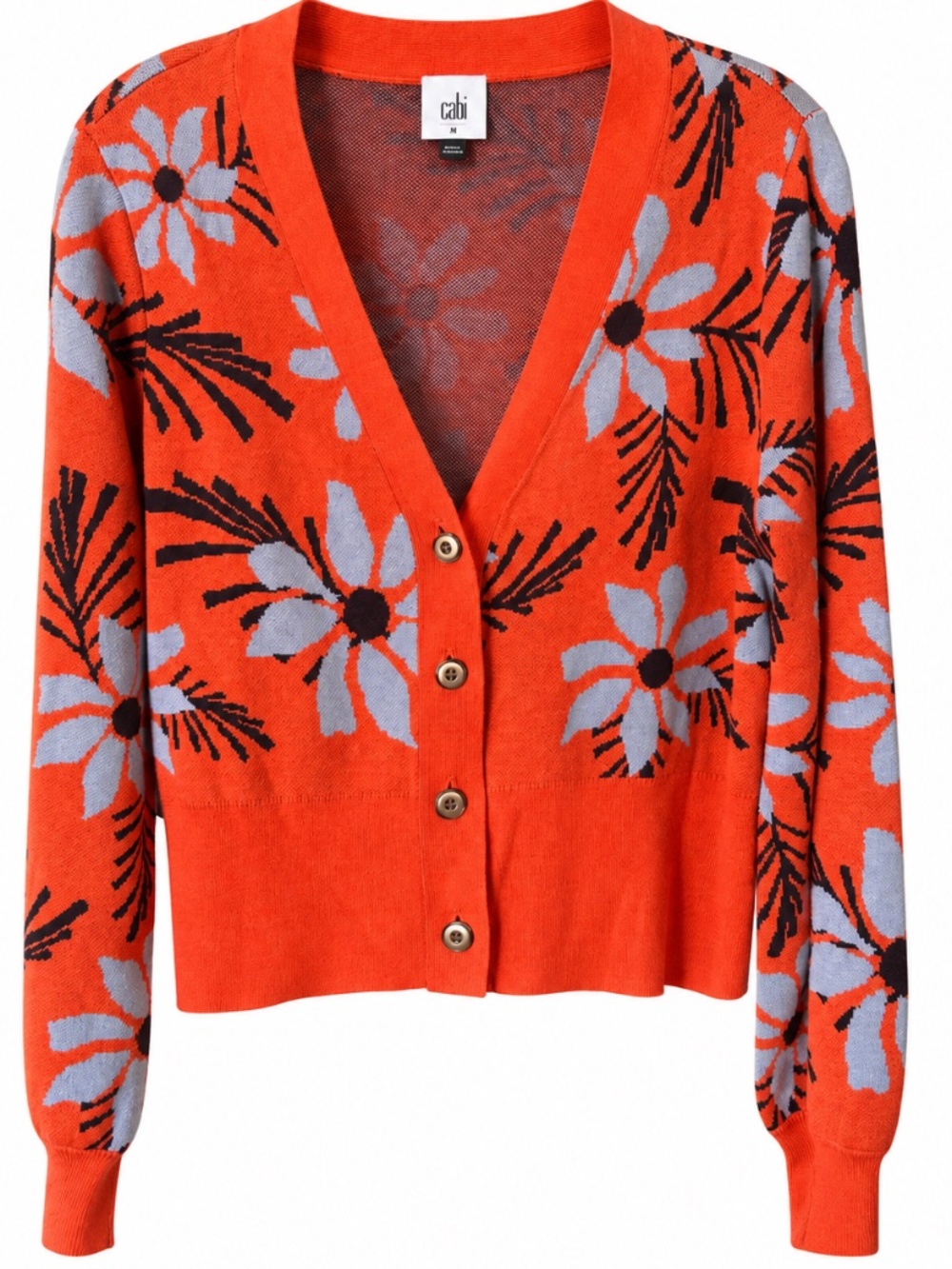 CABI Bloom Cardigan Floral Intarsia Knit Sweater Orange Blue Black Size M EUC - Picture 4 of 9
